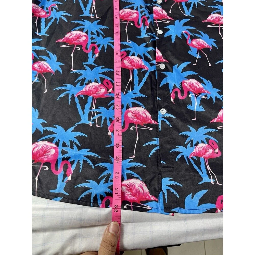 Men’s Flamingo & Palm Tree Hawaiian Shirt | XXL Black/Neon Pink/Blue Party Top